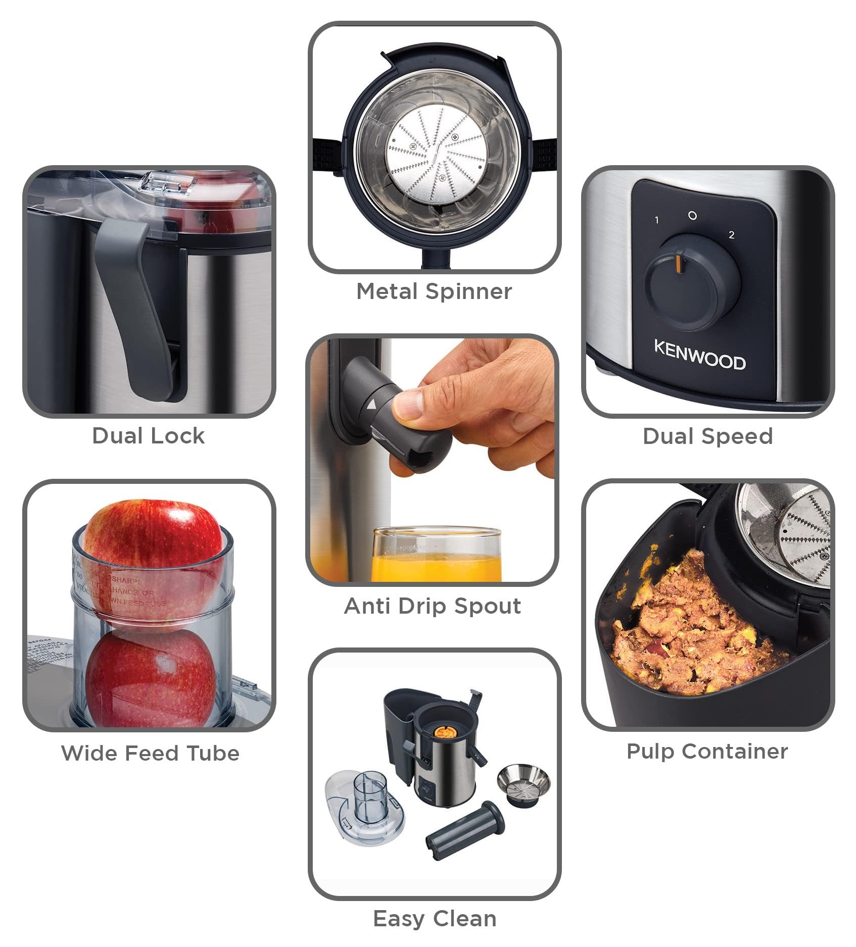 KENWOOD Juicer 700W Stainless Steel Juice Extractor with 75mm Wide Feed Tube, 2 Speed, Transparent Juice Jug, Pulp Container, Anti Drip for Home عصارة من الستانل ستيل بفوهة واسعة 75 ملم و2 سرعات ونظام مضاد للتنقيط من كينوود KENWOOD Juicer 700W Stainless Steel Juice Extractor with 75mm Wide Feed Tube, 2 Speed, Transparent Juice Jug, Pulp Container, Anti Drip for Home عصارة من الستانل ستيل بفوهة واسعة 75 ملم و2 سرعات ونظام مضاد للتنقيط من كينوود